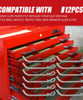 Badass 12 Piece Professional Toolbox Drawer Slide Retaining Keeper Clips Smooth Operator displayed on a red tool chest.