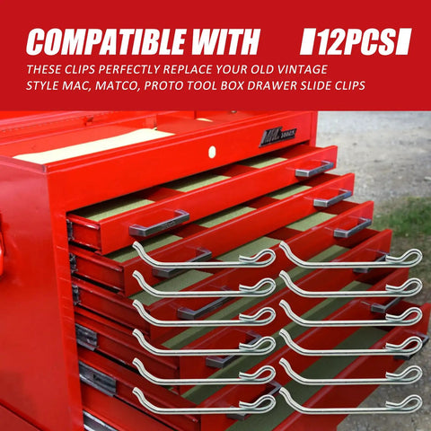 Badass 12 Piece Professional Toolbox Drawer Slide Retaining Keeper Clips Smooth Operator displayed on a red tool chest.