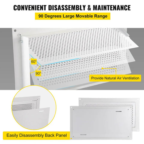 Diagram showing 8x16 Inch Crawl Space Flood Vent Wall Mounted White Foundation Vent To Reduce Flood Risk And Damage For Crawl Spaces And Garages Bi Directional Design with disassembly.