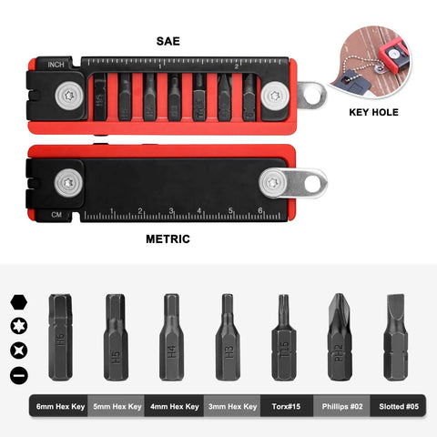 7 In 1 Bike Multitool with hex wrenches, screwdrivers, ruler, key ring; compact EDC tool kit for on the go maintenance