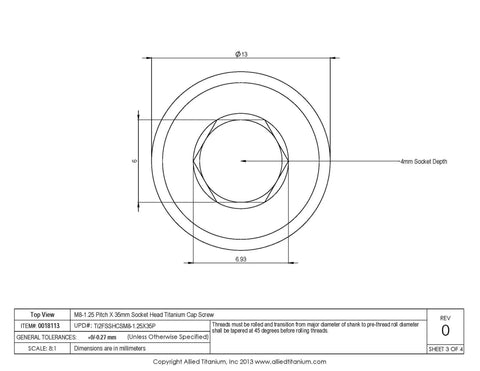 Top view of M8 1.25 X 35mm Socket Head Cap Screw showing dimensions, made of grade two titanium, ideal for outdoor use.