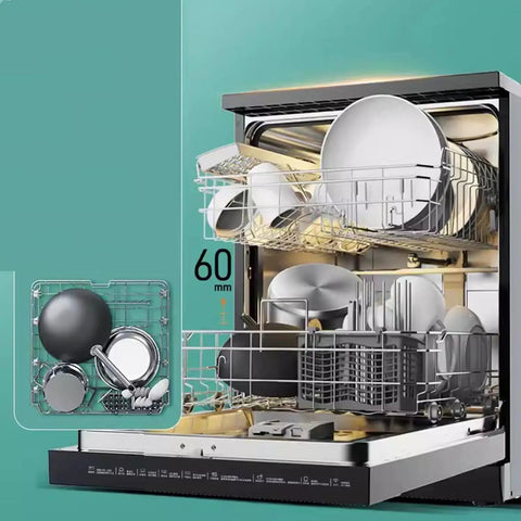 Interior view of Hassle Free Countertop Dishwasher With Built In Mount Fully Automatic Large Capacity Desktop Washer, showing stacked dishes.