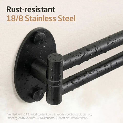 Detail of Top Shelf Swivel Towel Bar For Kitchen And Bathroom, 9 Inch Wall Mounted Black Stainless Steel Holder with water droplets.