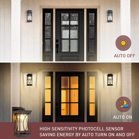 Dusk To Dawn Outdoor Coach Lantern With Crack Like Glass Black Aluminum Waterproof Wall Sconce on porch, auto on and off