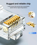 Close-up of Cat6 RJ45 Modular Plug Connectors With Load Bar Gold Plated, highlighting rugged and reliable chip design.