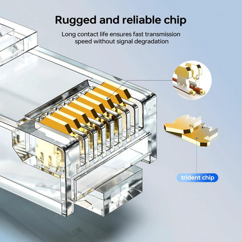 Close-up of Cat6 RJ45 Modular Plug Connectors With Load Bar Gold Plated, highlighting rugged and reliable chip design.