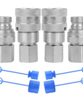 Flat Face Hydraulic Quick Connect Fittings Set One Quarter Inch NPT Dust Caps Included Universal Bobcat Style ISO 16028