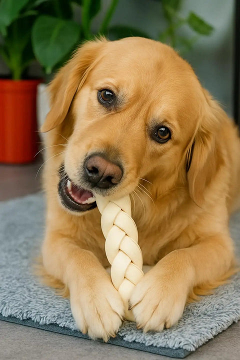 Dog enjoying All American Made Beefhide Braided Stick Dog Chew Treat 12 Inch Natural Flavor Perfect For Real Tough Chewers Long Lasting Rawhide Snack For Dogs 1 Count Pack