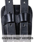Close-up of divided billet keepers on Pinnacle Anatomic Shoulder Dressage Girth For Horses With Ergonomic Design For Freedom And Comfort Premium Argentine Leather Black Size 24 No Pinch Fit For Training And Performance Smooth Motion And Enhanced Range Of Motion.