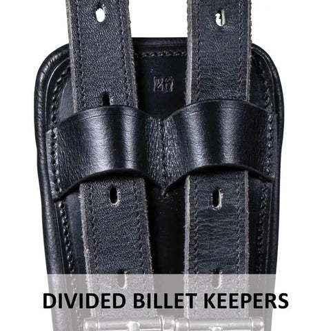 Close-up of divided billet keepers on Pinnacle Anatomic Shoulder Dressage Girth For Horses With Ergonomic Design For Freedom And Comfort Premium Argentine Leather Black Size 24 No Pinch Fit For Training And Performance Smooth Motion And Enhanced Range Of Motion.