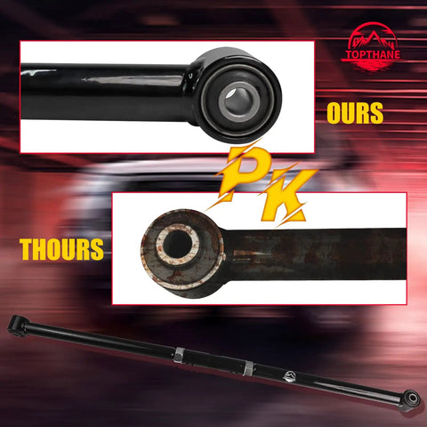 0 To 4 Inch Lift Rear Adjustable Track Bar Panhard Rod For 4Runner, FJ Cruiser, GX470, GX460 Beefed Up Heavy Duty Off Road Upgrade For Stronger Alignment And Smoother Handling. Black steel rear track bar with bushings.