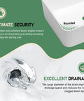 Rounded corner detail and drain feature of Round Vessel Sink 16x16 Inch White Porcelain Ceramic Above Counter Vanity Basin.