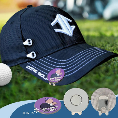 Prison Mike Golf Ball Marker With Magnetic Hat Clip The Office Themed Funny Golf Accessory For Men Dope Gift For Dad Husband Or Boyfriend Unique Birthday Or Anniversary Present on black hat with golf ball in background