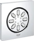 Rainshower Compact Shower Head in StarLight Chrome, showing front view of round nozzles within square design, 3 inch wide.