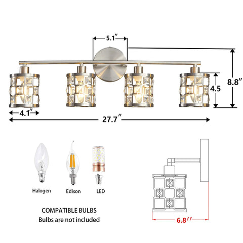 Dimensions of Four Light Brushed Nickel Vanity Light Over Mirror with Cylinder Crystal Shades, compatible bulb types shown below