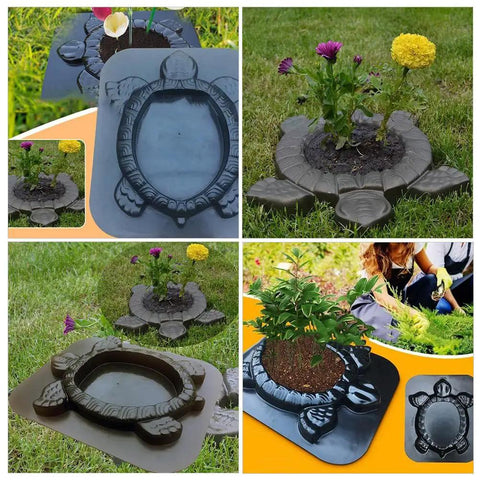 Turtle Stepping Stone Mold for Concrete Pathways 17.3 by 15 by 1.6 Inch Cement Mold for Garden Patio Lawn DIY Paving Do It Yourself Yard Art Stone for Garden Paths Patios And Walkways, showing turtle shape and various uses in garden.
