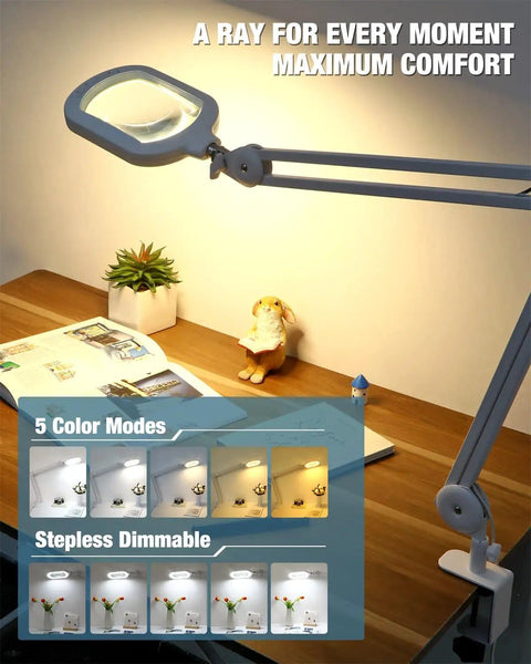 12X Magnifying Glass With Light And Stand on desk, showing five color modes LED, ideal for crafting and reading