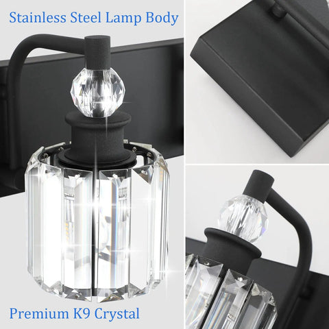 Three Light Black Crystal Vanity Lights for Bathroom Over Mirror, matte black frame with K9 crystal detail