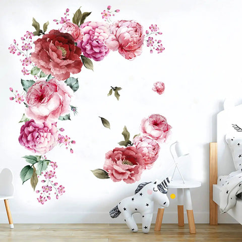 3D Peony Flower Wall Decals Peel And Stick Removable Wall Art for nurseries, featuring vibrant pink petals and butterfly accents.