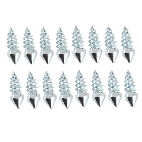 Heavy Duty Winter Tire Spikes With Solid Tungsten Steel Tips And Rugged Aluminum Construction M8 Thread 100 Piece Set in a close-up layout.