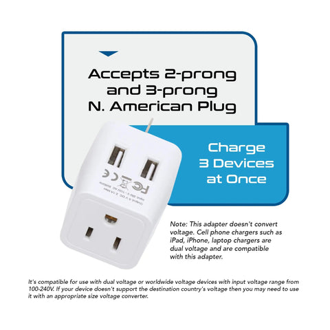 Ultra Compact USA To Type I Travel Adapter With Dual USB Input for Australia New Zealand and China Perfect for Cell Phones Chargers