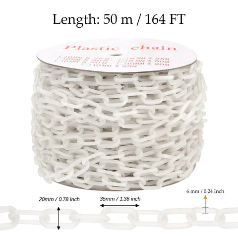 Lightweight White Plastic Safety Chain Links For Crowd Control, 164 Feet durable plastic chain roll with size markings and weather resistance.