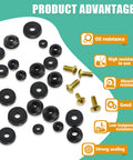 106 Piece Faucet Washer Kit With Assorted Flat And Beveled Rubber Washers For Outdoor Garden Faucets, Leak Repair And Replacement, Includes 6 Brass Screws, Wide Range Of Washers In Three Eighths And One Quarter Inch Sizes displayed with product advantages icons.