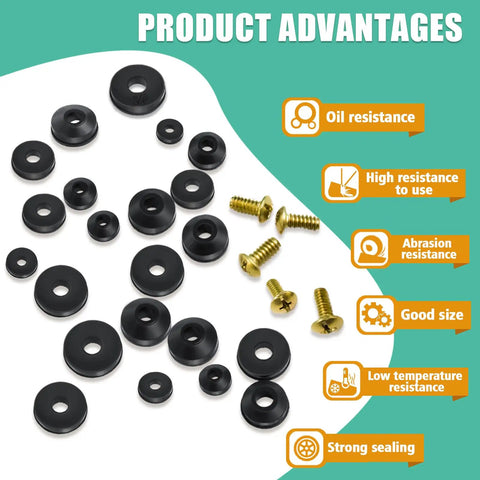 106 Piece Faucet Washer Kit With Assorted Flat And Beveled Rubber Washers For Outdoor Garden Faucets, Leak Repair And Replacement, Includes 6 Brass Screws, Wide Range Of Washers In Three Eighths And One Quarter Inch Sizes displayed with product advantages icons.