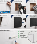 Installation process of Heavy Duty 12 X 12 Flush Mount Drywall Access Panel With Secure Cam Latch Lock And Clean Concealed Hinge.