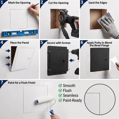 Installation process of Heavy Duty 12 X 12 Flush Mount Drywall Access Panel With Secure Cam Latch Lock And Clean Concealed Hinge.