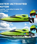Side view of green Beast 19 Inch Brushless RC Racing Boat For Adults With Self Righting Real Water Cooling LED Lights Speed Up To Forty KPH