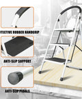 3 Step Folding Ladder Lightweight Step Stool With Wide Anti Slip Pedals For Home Office Kitchen And Garage Grab And Go Easy Carry Open Height 43.5 Inches Service Height 27.2 Inches 400 Pounds Capacity, white steel with rubber handgrip