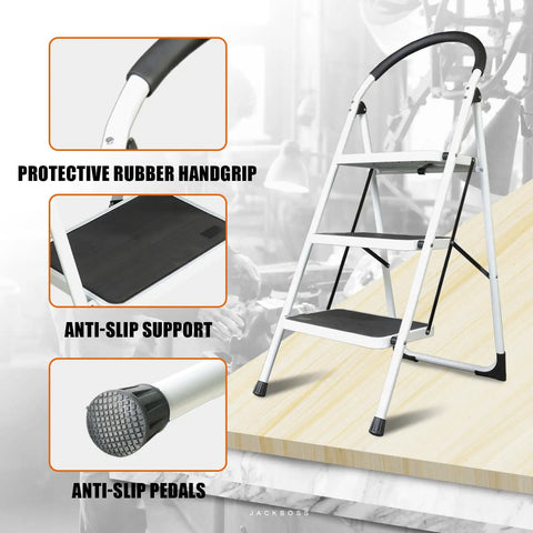 3 Step Folding Ladder Lightweight Step Stool With Wide Anti Slip Pedals For Home Office Kitchen And Garage Grab And Go Easy Carry Open Height 43.5 Inches Service Height 27.2 Inches 400 Pounds Capacity, white steel with rubber handgrip
