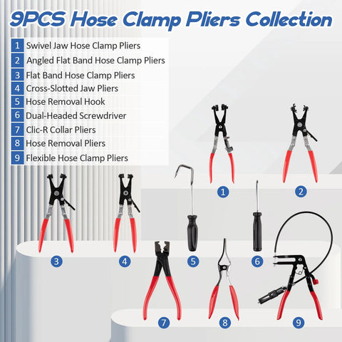 9-piece automotive hose clamp plier set with red-handled pliers and assorted clamp removal tools