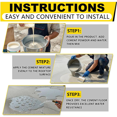 Instructions for Heavy Duty Polymer Cement Concrete Waterproof Coating application steps for sealing roofs and basements.