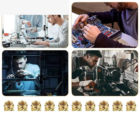 Dope Brass Hot Melt Insert Nuts For 3D Printing Projects M1-M8 Size shown with professionals assembling gadgets.