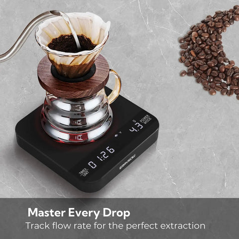 Ultra Precise Coffee Scale With Auto Timing And Rechargeable Battery, Mini Espresso Scale With Timer, 2kg Capacity, 0.1g Precision for pour-over brewing with glass carafe