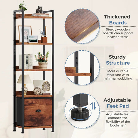 Brown Five Tier Bookshelf With Fabric Drawer And Slim Vertical Storage Rack For Tight Living Room Spaces Compact Space Savers Sweet Spot To Stash Books Plants And Snazzy Decor