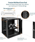 Solid As A Rock 12U Wall Mount Server Cabinet With Clear Glass Door And Auto Thermostat Space Saving 19 Inch Gear Rack Featuring Whisper Quiet Dual Fan Cooling Dead Simple Lockable Panel For Tech Crews showing front door and interior load capacity.