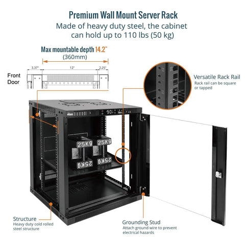 Solid As A Rock 12U Wall Mount Server Cabinet With Clear Glass Door And Auto Thermostat Space Saving 19 Inch Gear Rack Featuring Whisper Quiet Dual Fan Cooling Dead Simple Lockable Panel For Tech Crews showing front door and interior load capacity.