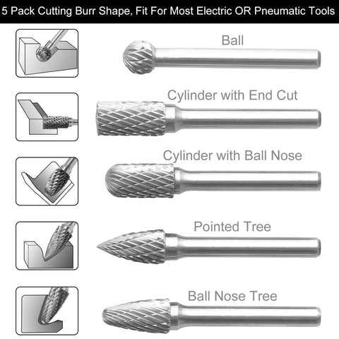 5-piece tungsten carbide rotary burr set with 1/4 in shanks; assorted ball, cylinder and tree shapes for die grinder