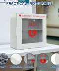 Top Shelf Steel AED Wall Mount Cabinet With Clear Front Panel For Immediate Automated External Defibrillator Access, showcased on a table.