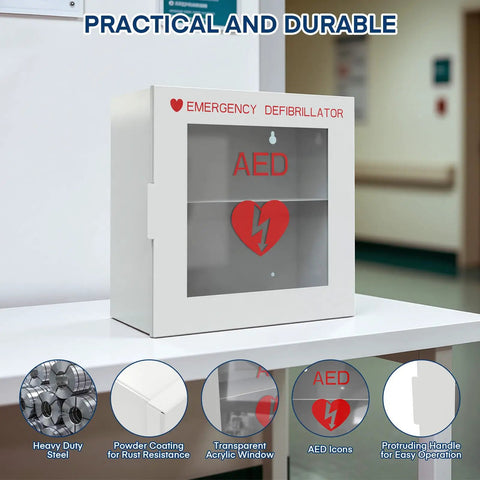 Top Shelf Steel AED Wall Mount Cabinet With Clear Front Panel For Immediate Automated External Defibrillator Access, showcased on a table.