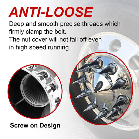 Close-up of 33mm Chrome Spike Lug Nut Covers Thread-On For Semi Trucks 4.75 Inch High ABS Plastic Caps Pointed Screw-On