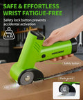 Electric Fabric And Cardboard Cutter, Smooth Cutting Machine With Durable Sk5 Blade, Eases Wrist Fatigue For Heavy Duty Shipping Box Trimming And Recycling Jobs Made Easy, green rotary cutter with safety lock feature on cardboard.