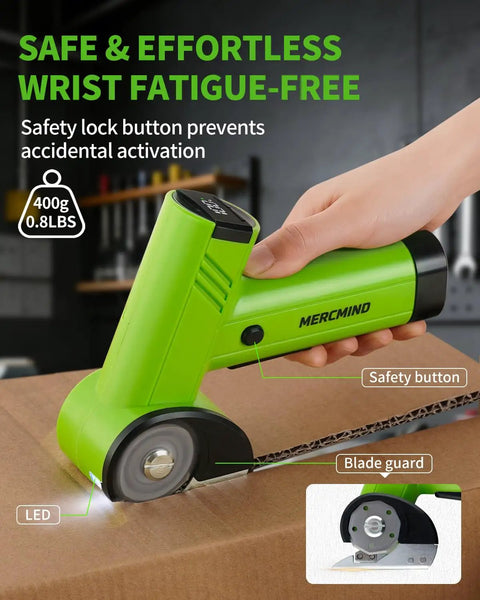 Electric Fabric And Cardboard Cutter, Smooth Cutting Machine With Durable Sk5 Blade, Eases Wrist Fatigue For Heavy Duty Shipping Box Trimming And Recycling Jobs Made Easy, green rotary cutter with safety lock feature on cardboard.