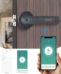 Fingerprint Door Lock With App Control And Keyless Entry Handle shown with app interface on smartphone