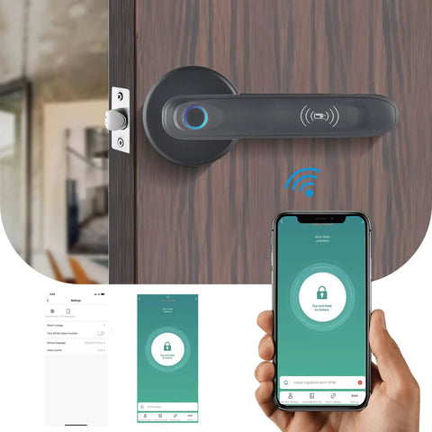 Fingerprint Door Lock With App Control And Keyless Entry Handle shown with app interface on smartphone