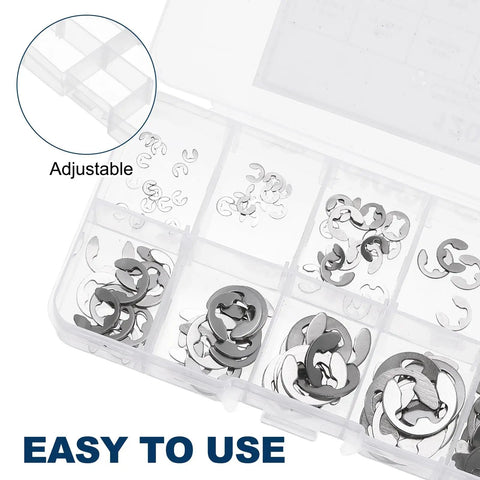 120 Pcs E-Clip External Retaining Rings Kit With 304 Stainless Steel Circlip Snap Rings Set organized in a storage box