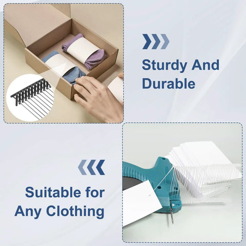 Top Shelf Heavy Duty Plastic Tagging Fasteners For Clothes And Retail 3 Inch Black Label Gun Barbs in a box with clothing.